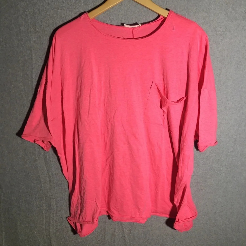 Womens Zenana Tee Shirt Hot Pink Pocket Cropped Boxy Oversized Fit Neon Spring